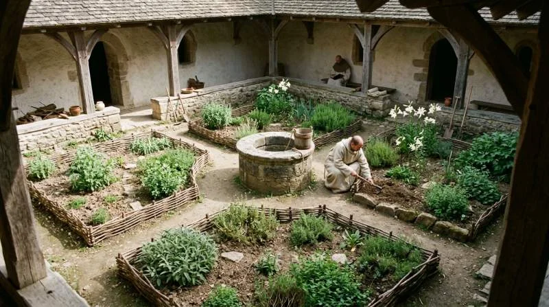 Middeleeuwse kloostertuin met vier kruidenbedden en waterput