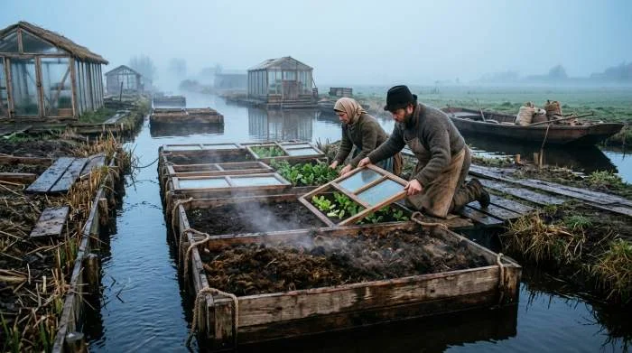Drijvende moestuin met broeiende aarde door mestontbinding