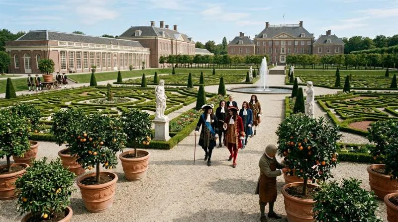 Tussen parterres en kostbare oranjebomen werd de tuin een zorgvuldig geënsceneerd decor voor dynastie, handel en diplomatie.