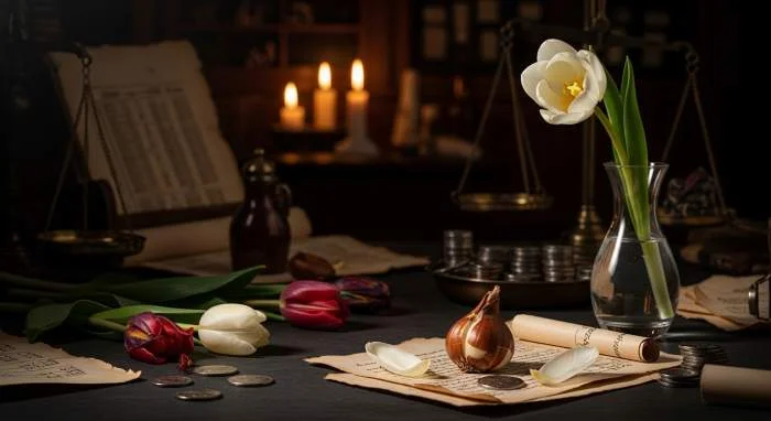 Zeldzame tulpenbollen en vernietigde bloemen tonen schaarste tijdens de Nederlandse tulpenmanie.