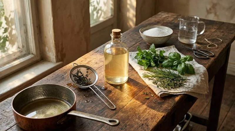 Zelfgemaakte kruidensiroop met verse kruiden voor Gin-Tonic en