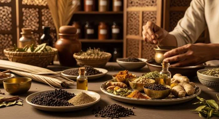 Ayurvedische arts mengt zwarte peper met kruiden voor traditionele geneeskunde